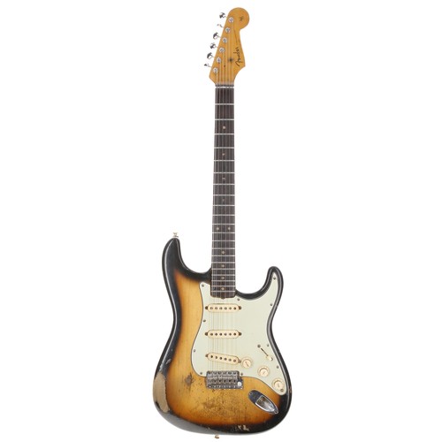 Eamonn McCormack and Rory Gallagher interest - 1963 Fender Stratocaster electric guitar, made in USA; Body: sunburst finish, refinish, heavy usage wear and checking throughout, vacant screw holes beneath guard giving evidence of another guard being installed at some stage; Neck: maple, refinish, checking throughout; Fretboard: rosewood, wear including loss to dot position markers; Frets: good, refret; Electrics: working, potentiometers and switch replaced; Hardware: replaced trem block (original retained), replacement saddles, replacement Kluson style tuners, small split to upper horn of guard, replacement strap buttons; Case: contemporary tweed hard case; Weight: 3.29kg; Overall condition: fair
