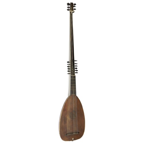 Fine and rare Italian chitarrone made in the first half of the 17th century, attributed to Wendelin Venere II (Wendolino Tieffenbrucker, fl Padua 1580-1622) the sound board of fir (Abies), the thirty-six body ribs of yew, inlay and stringing in bone, overall length 169cm, maximum width 34.5cm, sounding lengths 68cm and 148cm