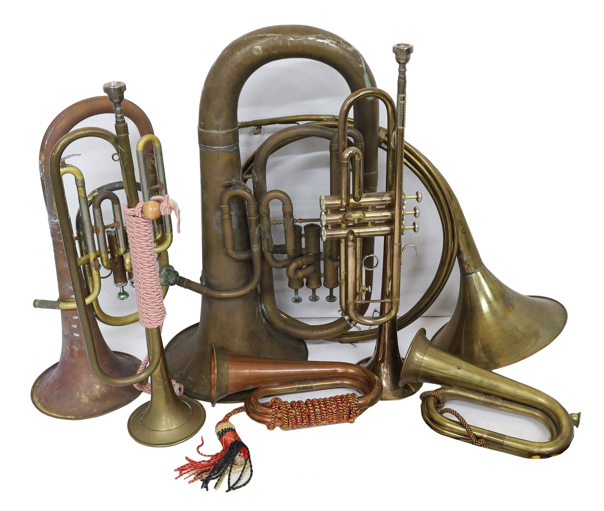 Mixed lot of brass instruments in need of restoration; Bach trumpet ...