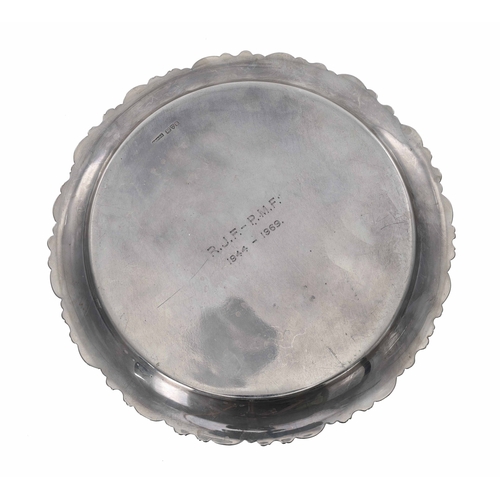 408 - Victorian circular silver tray, with scroll cast rim, bearing initials to the underside, maker Corne... 