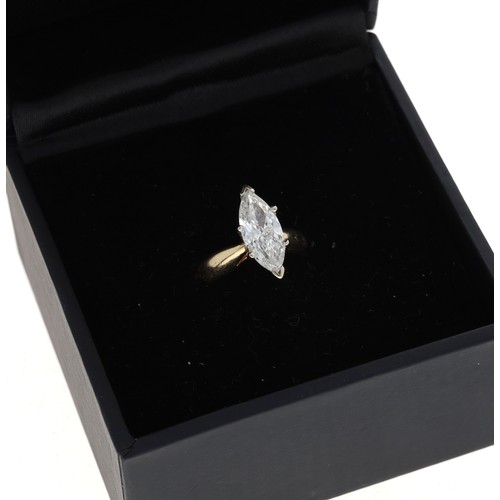 84 - Impressive modern 14ct yellow gold marquise-cut diamond solitaire ring, 2.00ct approx, clarity I1, c... 