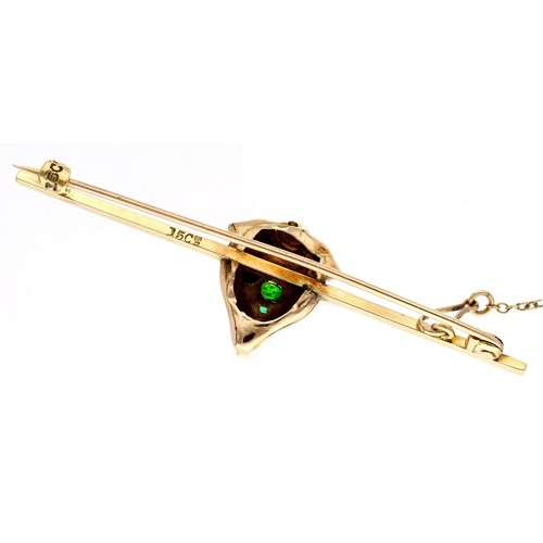 85 - Victorian 15ct emerald and diamond engraved brooch, with safety chain, 4.1gm, 58mm
