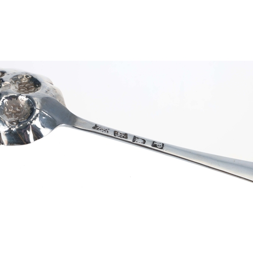 423 - George III silver berry spoon by Hester Bateman, with repouss&eacute; and bright-cut decoration, Lon... 