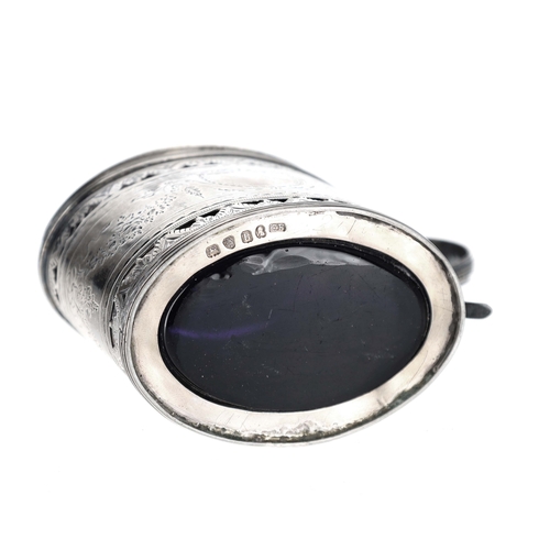406 - George III oval pierced and engraved silver mustard pot with cover, having original moulded blue gla... 
