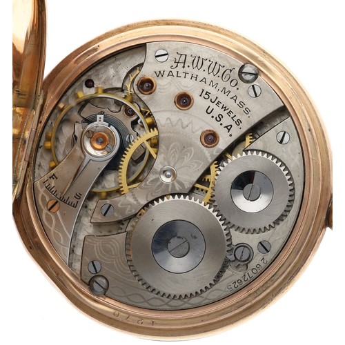 606 - American Waltham 9ct lever hunter pocket watch, serial no. 26072625, circa 1926, signed 15 jewel mov... 