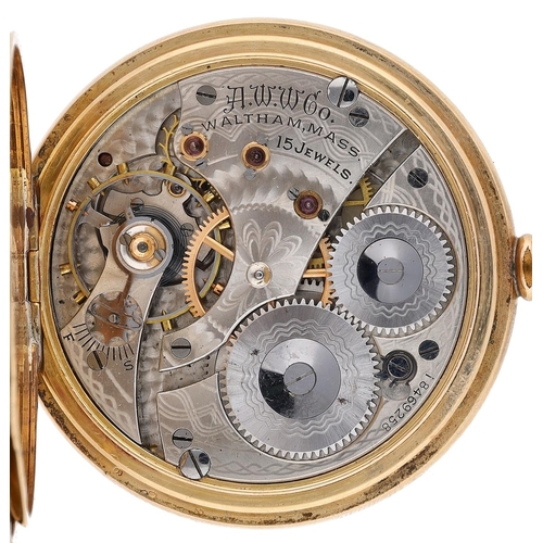 605 - American Waltham gold plated lever half hunter pocket watch, serial no. 18469258, circa 1912, signed... 