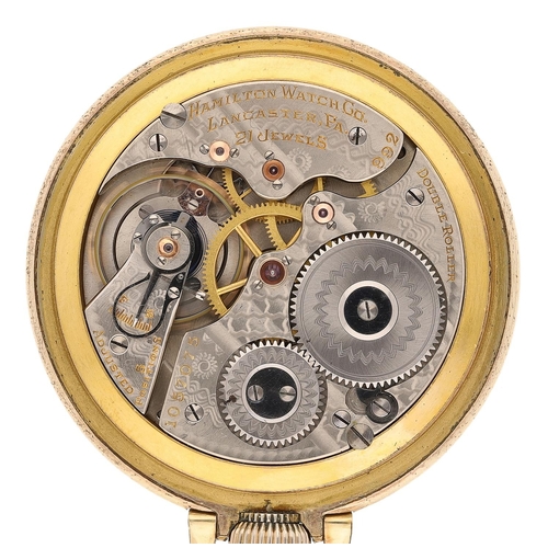 631 - Hamilton Watch Co. 'Railroad Model' gold plated lever set pocket watch, serial no. 1057075, circa 19... 