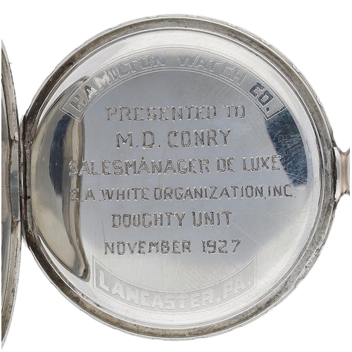 634 - Hamilton Watch Co. 14k white gold filled lever pocket watch, serial no. 3320327, circa 1929, signed ... 