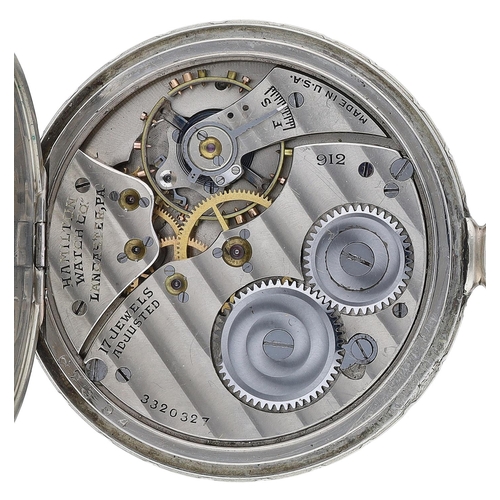 634 - Hamilton Watch Co. 14k white gold filled lever pocket watch, serial no. 3320327, circa 1929, signed ... 