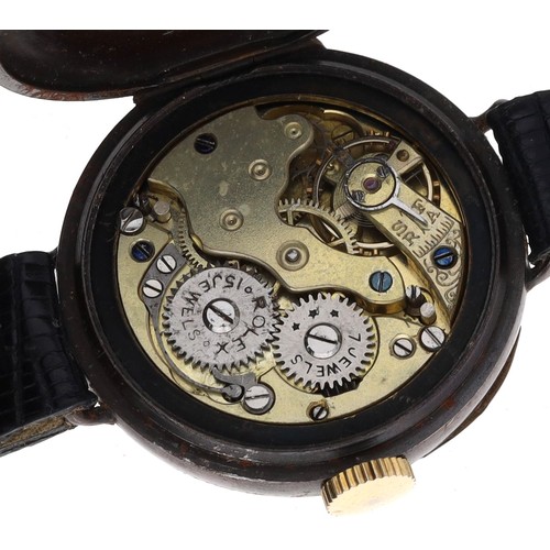 274 - Rolex gunmetal wire-lug wristwatch, circular silvered two-tone dial with Arabic numerals, red twelve... 