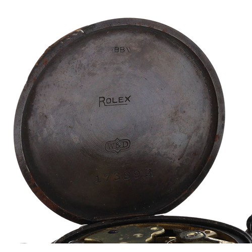 274 - Rolex gunmetal wire-lug wristwatch, circular silvered two-tone dial with Arabic numerals, red twelve... 
