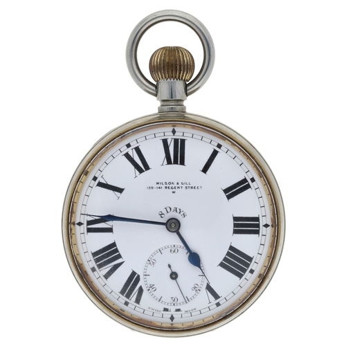 646 - Swiss 8 Days Goliath nickel cased lever pocket watch, the movement stamped Brevet+33236, hinged cuve... 