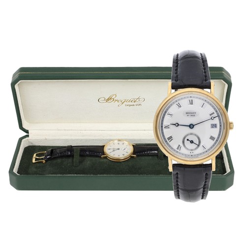 Fine Breguet Classique 18ct automatic gentleman's wristwatch, reference no. 5920, no. 182xx, silver guilloche textured dial with Roman numerals, outer minute markers, date aperture and a subsidiary seconds dial, blued steel Breguet moon hands, Breguet black crocodile strap with 18ct buckle, 55.5gm, 34.5mm 
