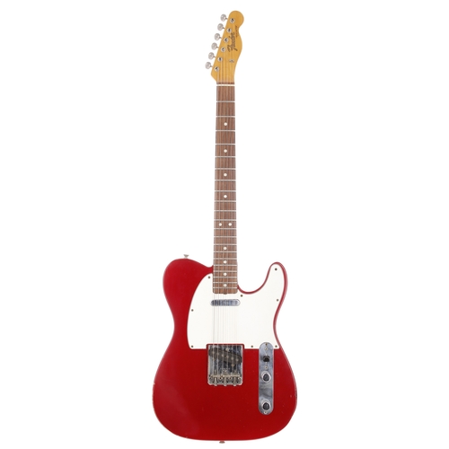 1966 Fender Telecaster electric guitar, made in USA; Body: candy apple red finish, various dings and marks, light finish rubbing to arm edge, dropfill to some blemishes; Neck: maple, surface lacquer wear throughout; Fretboard: Indian rosewood; Frets: light wear, frets dressed; Electrics: working, replacement potentiometers and cap, volume potentiometer dating to 1984 and tone potentiometer dating to 1986, additional earth wire; Hardware: good, very light rusting to smaller metal parts and light tarnishing to other metalware; Case: 1970s Fender hard case; Weight: 3.65kg; Overall condition: good