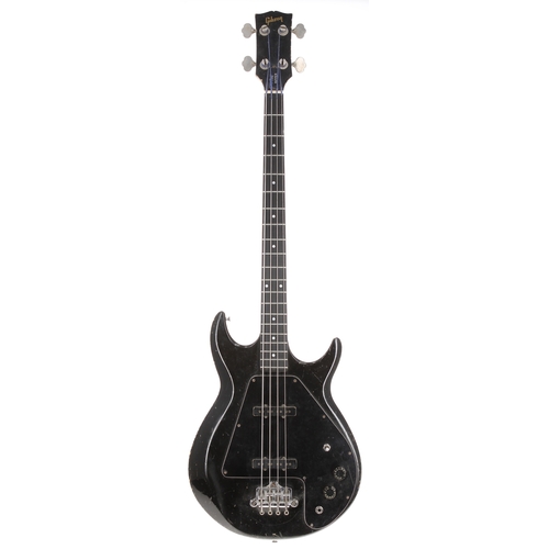 181 - 1978 Gibson Ripper bass guitar, made in USA; Body: black finish, vacant screw holes to back, blemish... 