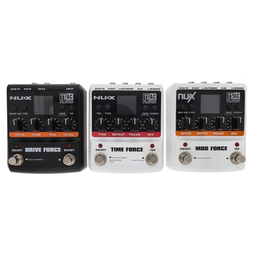 1320 - Three Nux multi-effects guitar pedals to include a Drive Force, a Time Force and a Mod Force, all bo... 