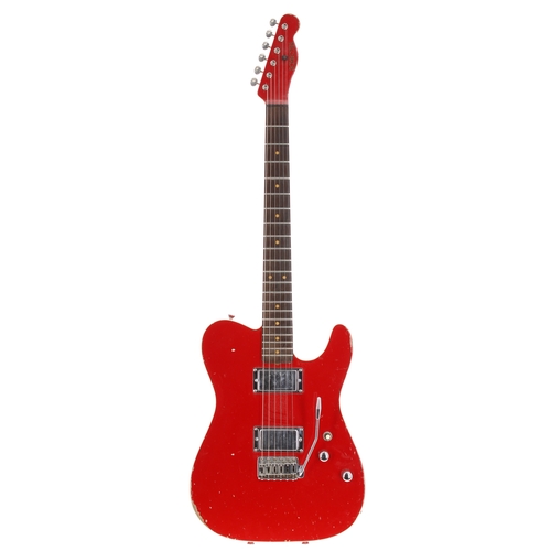 213 - 1980s Chandler Schecter electric guitar, made in England; Body: red finish, heavy wear to back edges... 
