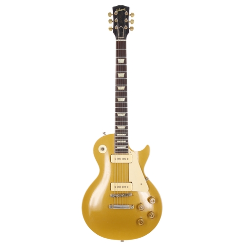 1952 Gibson Les Paul Stopbar with Tune-o-Matic conversion electric guitar, made in USA; Body: gold top finish upon mahogany back, top with lacquer checking and other minor dings, buckle scratching, dings and other blemishes to back and sides, original trapeze holes to body end; Neck: repair with 6" inset reinforcement strip, refinished; Fretboard: Brazilian rosewood with pearl crown position markers; Frets: good, refret; Electrics: working, replacement caps and re-soldering; Hardware: stop bar/Tune-o-Matic conversion, loss to gold plating, replacement Schaller tuners, replacement strap buttons, replacement jack plate, replacement switch tip; Case: non-original hard case; Weight: 4.19kg; Overall condition: fair