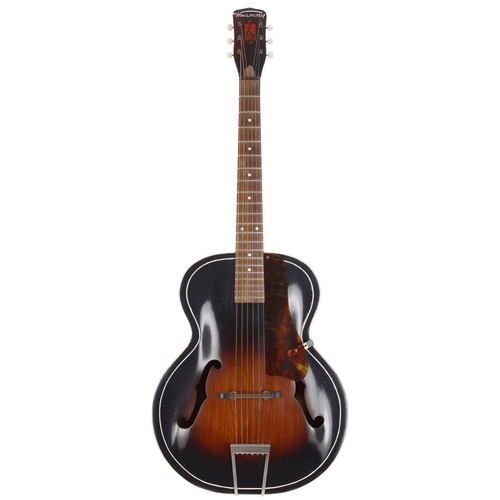 228 - 1950s Harmony H1215 archtop guitar, made in USA; Body: sunburst finish, restorations including hairl... 