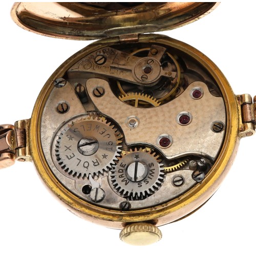 6 - Rolex 9ct half hunter lady's wristwatch, import hallmarks London 1922, signed silvered guilloche dia... 