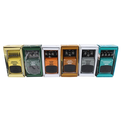 1318 - Six Behringer guitar pedals to include an SF300 Super Fuzz, UT300 Ultra Tremolo, CS400 Compressor Su... 