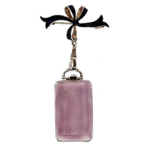 218 - Attractive Juvenia Swiss silver (925) gilt and guilloche pink enamel rectangular purse watch, the hi... 