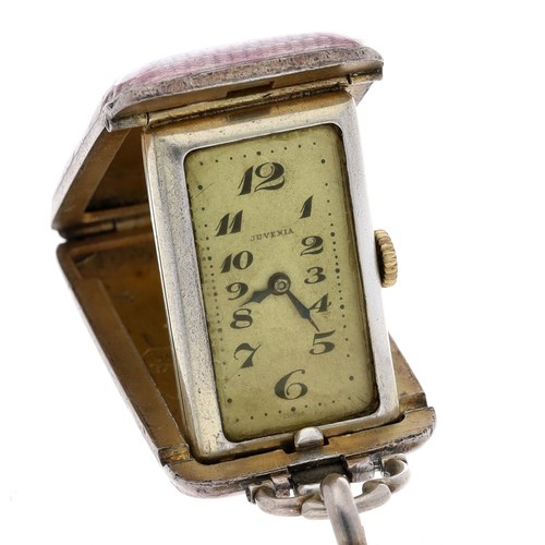 218 - Attractive Juvenia Swiss silver (925) gilt and guilloche pink enamel rectangular purse watch, the hi... 
