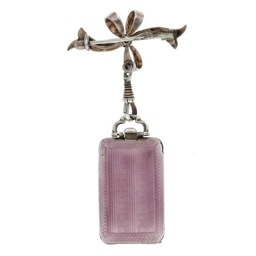 218 - Attractive Juvenia Swiss silver (925) gilt and guilloche pink enamel rectangular purse watch, the hi... 