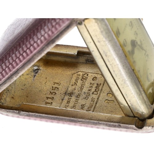 218 - Attractive Juvenia Swiss silver (925) gilt and guilloche pink enamel rectangular purse watch, the hi... 