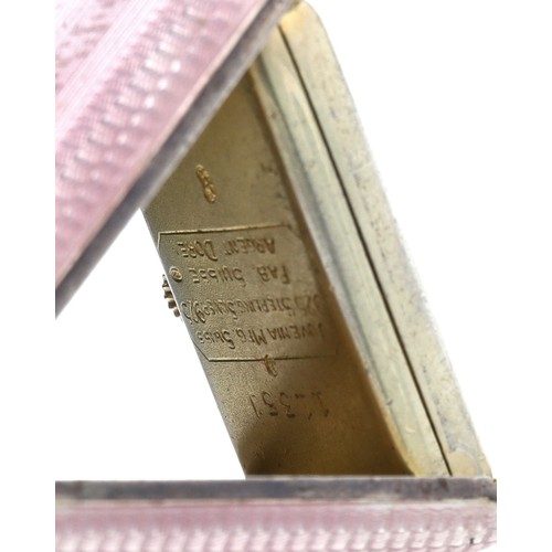 218 - Attractive Juvenia Swiss silver (925) gilt and guilloche pink enamel rectangular purse watch, the hi... 