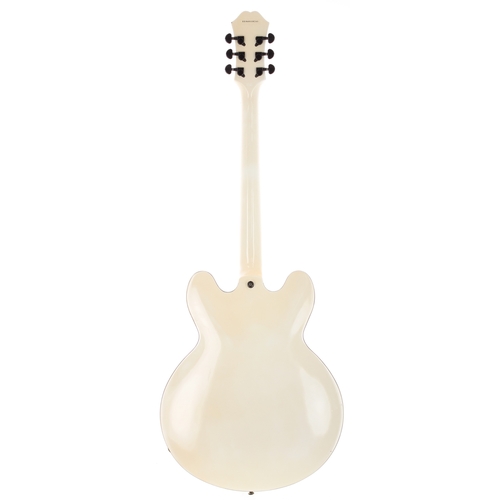 705 - 2006 Epiphone Dot Studio semi-hollow body electric guitar; Body: white finish, yellow hue, various m... 