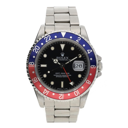 Rolex Oyster Perpetual Date GMT-Master stainless steel gentleman's wristwatch, reference no. 16700, serial no. S560xxx, circa 1993, black dial, bi-directional rotating bezel with PEPSI insert, Oyster bracelet, reference 78360, with 501B end links, 40mm bezel (ref: 448)