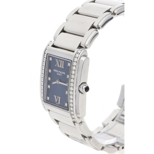 23 - Patek Philippe Twenty-4 stainless steel lady's wristwatch, blue dial with diamond markers, diamond s... 