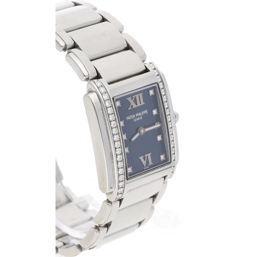 23 - Patek Philippe Twenty-4 stainless steel lady's wristwatch, blue dial with diamond markers, diamond s... 