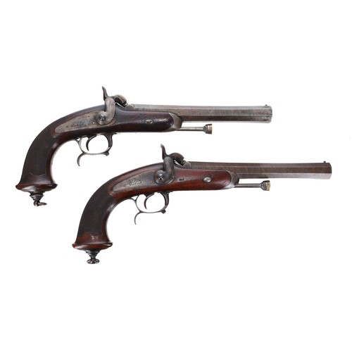 601 - Cased pair of mid 19th century French Officers' percussion pistols, having rifled octagonal flared b... 