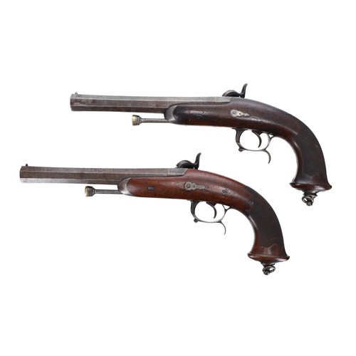 601 - Cased pair of mid 19th century French Officers' percussion pistols, having rifled octagonal flared b... 