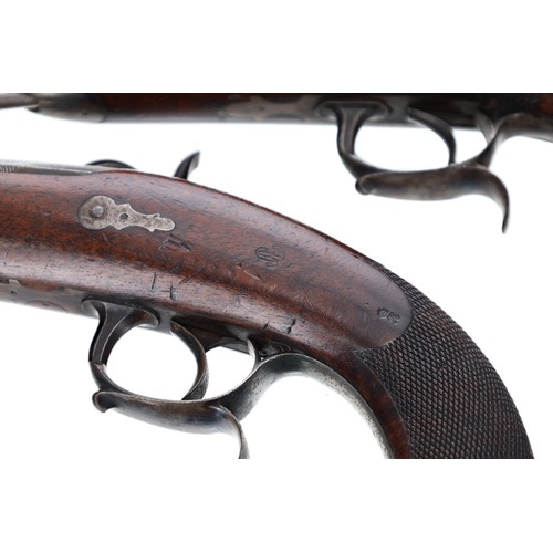 601 - Cased pair of mid 19th century French Officers' percussion pistols, having rifled octagonal flared b... 