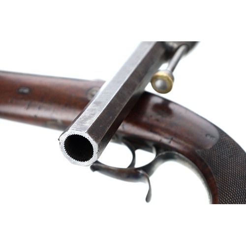 601 - Cased pair of mid 19th century French Officers' percussion pistols, having rifled octagonal flared b... 