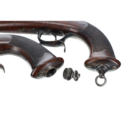 601 - Cased pair of mid 19th century French Officers' percussion pistols, having rifled octagonal flared b... 