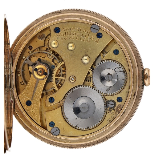 208 - American Waltham 'Traveler' gold plated lever hunter pocket watch, serial no. 19329970, circa 1913, ... 