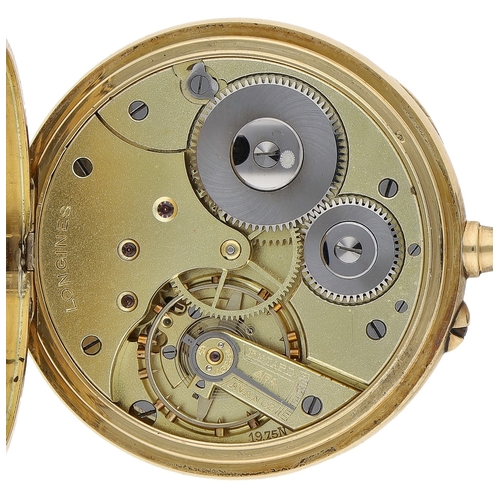 220 - Longines 18k lever pocket watch, signed cal. 19.75N gilt frosted movement with compensated balance a... 