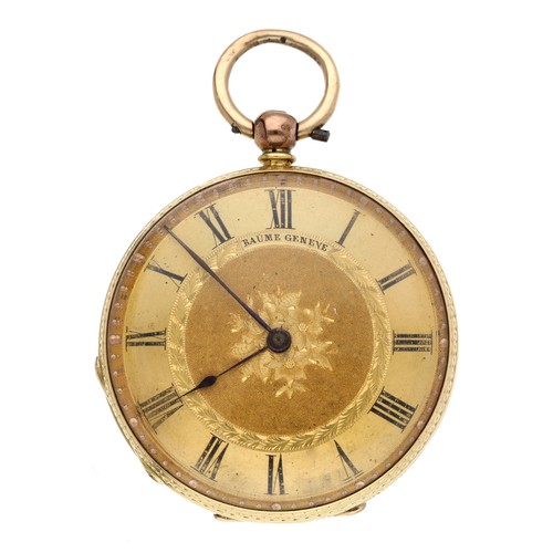 227 - Baume, Geneve - 18ct cylinder pocket watch, signed key wind movement, signed gilt Roman numeral foli... 
