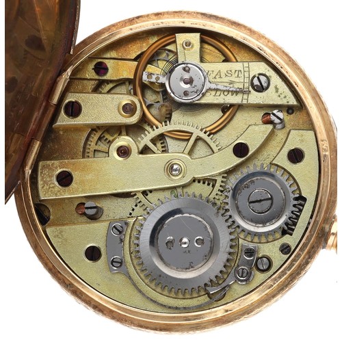 216 - Attractive Swiss 14ct cylinder engraved fob watch, ornate white Roman numeral dial with gilt hands, ... 