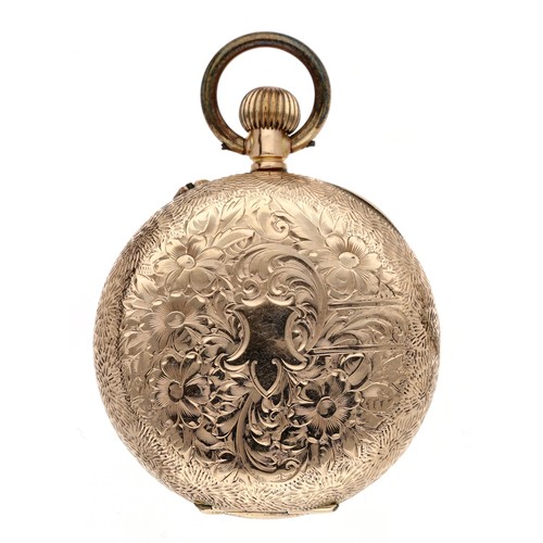 216 - Attractive Swiss 14ct cylinder engraved fob watch, ornate white Roman numeral dial with gilt hands, ... 