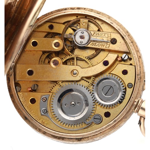241 - Swiss 9ct engraved cylinder fob watch, import hallmarks for London 1918, foliate gilt Roman numeral ... 