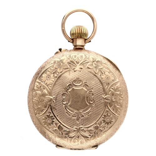 241 - Swiss 9ct engraved cylinder fob watch, import hallmarks for London 1918, foliate gilt Roman numeral ... 
