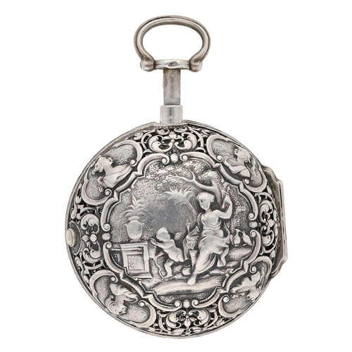 265 - Bordier, A. Geneve - Swiss quarter repeating repoussé white metal pair cased verge pocket watch, ret... 