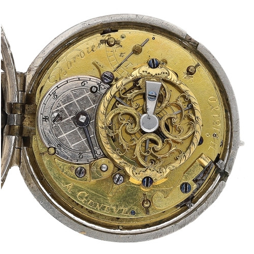 265 - Bordier, A. Geneve - Swiss quarter repeating repoussé white metal pair cased verge pocket watch, ret... 
