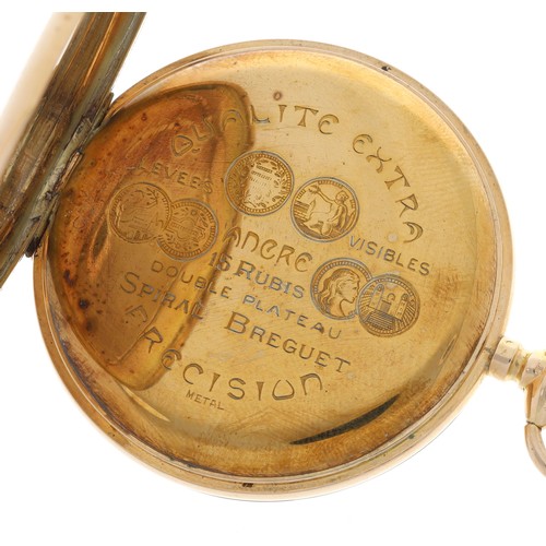 240 - French 14ct lever hunter pocket watch, unsigned gilt frosted movement with compensated balance and r... 