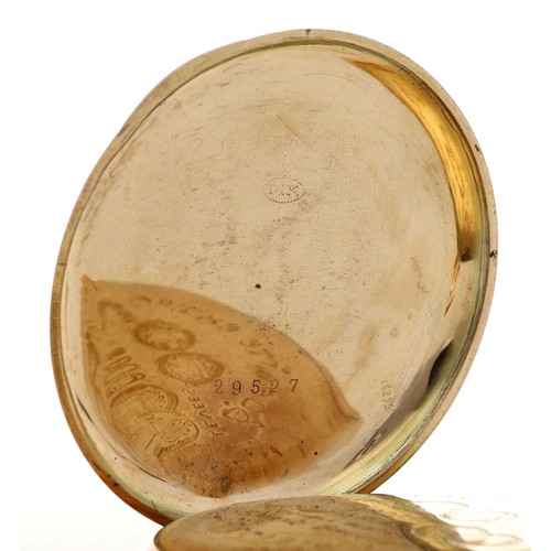 240 - French 14ct lever hunter pocket watch, unsigned gilt frosted movement with compensated balance and r... 
